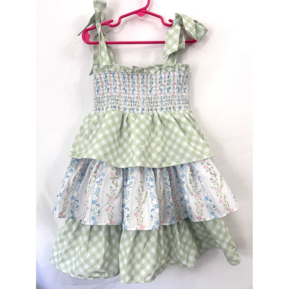 Southern Darlin' Smocks Green Check‎ Floral Smocked Tiered Dress Girls Size 6